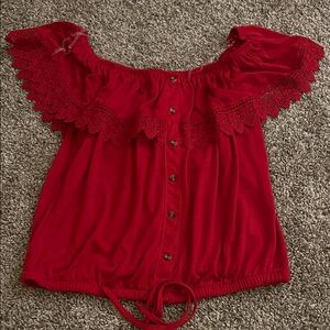 No Boundaries Red Button-Down Off-Shoulder Top